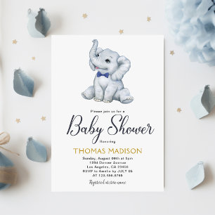 Invitation Blue Grey Elephant Baby Boy Douche