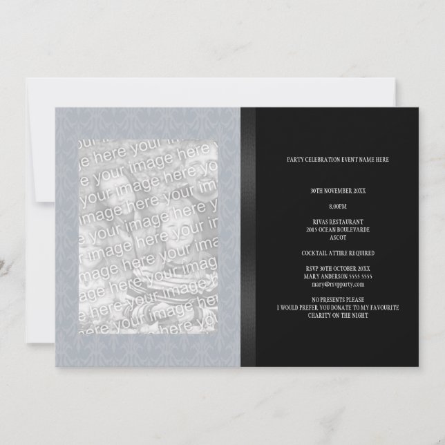 Invitation Blue Grey Floral Damask Black Photo Tous les événe (Devant)