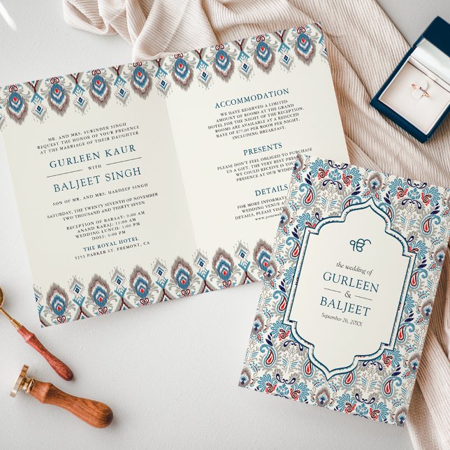 Invitation Blue Grey Ikat All in One Anand Karaj Sikh Mariage (Créateur téléchargé)