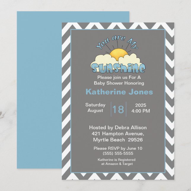 Invitation Blue Grey Vous Êtes Mon Baby shower Sunshine (Devant / Derrière)