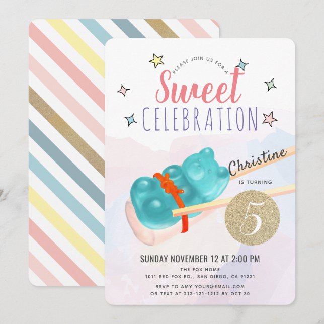 Invitation Blue Gummy Ours Candy Sushi Fille Anniversaire (Devant / Derrière)
