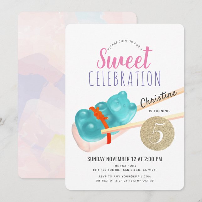 Invitation Blue Gummy Ours Candy Sushi Party Fille Anniversai (Devant / Derrière)