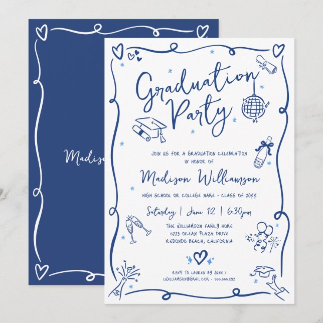 Invitation Blue Hand Drawn Doodles Graduation Fun White Party (Devant / Derrière)
