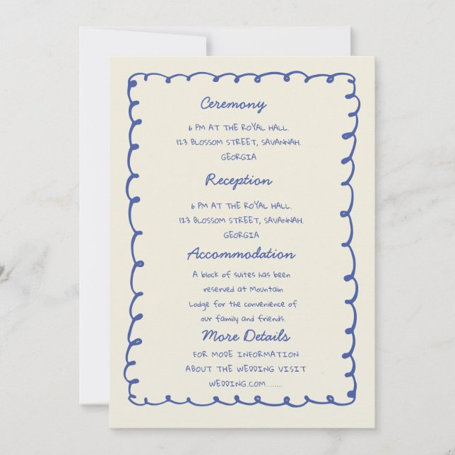 Invitation Blue hand drawn heart Whimsical Wedding details (Devant)
