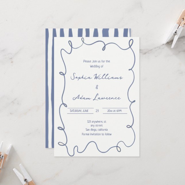 Invitation Blue  Hand Written Pinstripes Whimsical Wedding (Devant/Arrière en situation)