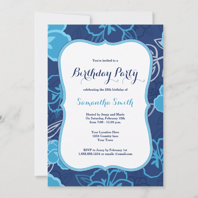 Invitation Blue Hawaiian Hibiscus Fleurs Anniversaire Invitat (Devant)