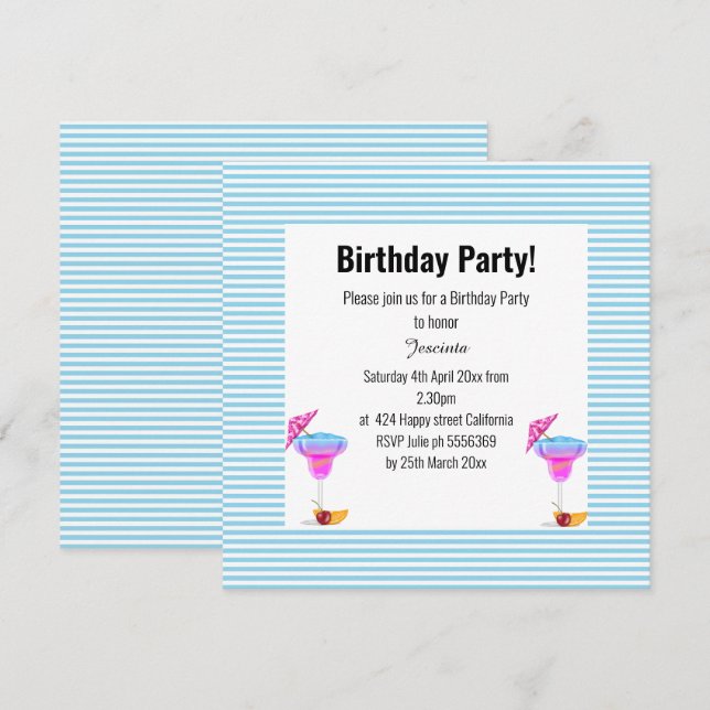 INVITATION BLUE HAWAIIAN STRIPED THÈME ANNIVERSAIRE (Devant / Derrière)