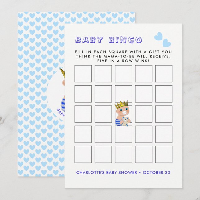 Invitation Blue Heart Prince Baby Boy Shoy Party Bingo (Devant / Derrière)