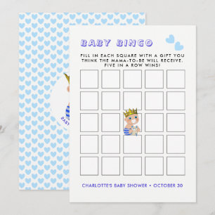 Invitation Blue Heart Prince Baby Boy Shoy Party Bingo