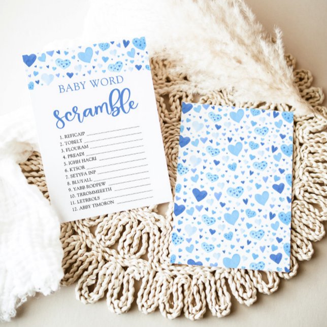 Invitation Blue Hearts Valentine Baby Word Scramble Jeu (Watercolor Cute Blue Hearts Valentine Sweetheart February Boy Baby Word Scramble Baby Shower Game)