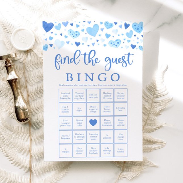 Invitation Blue Hearts Valentine Trouvez l'invité Jeu de Bing (Watercolor Cute Blue Hearts Valentine Sweetheart February Boy Find the Guest Bingo Baby Shower Game)