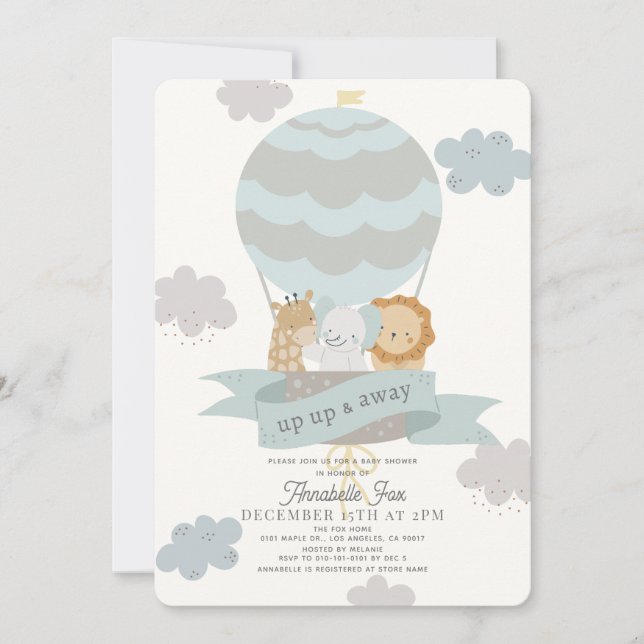 Invitation Blue Hot Air Balloon Animaux Baby shower garçon (Devant)