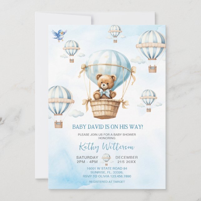 Invitation Blue Hot Air Balloon Boy Baby shower (Devant)