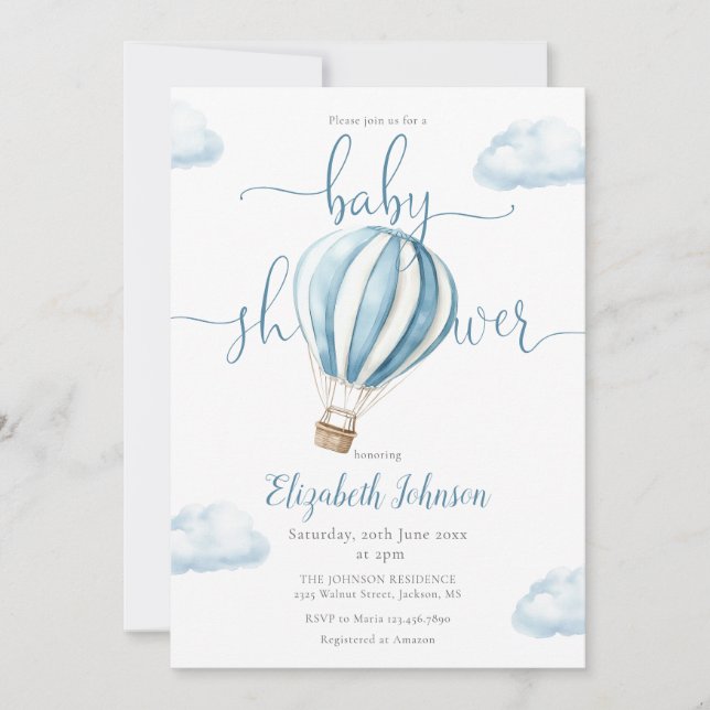 Invitation Blue Hot Air Balloon Boy Baby shower (Devant)