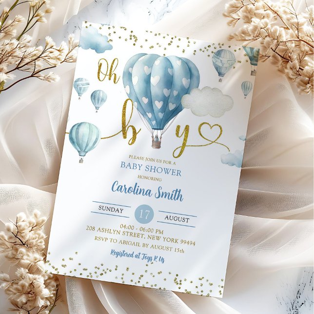 Invitation Blue Hot Air Balloon Oh Boy Baby shower (Créateur téléchargé)