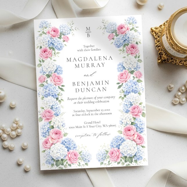 Invitation Blue Hydrangea and Pink Rose Floral Garden Wedding (Créateur téléchargé)