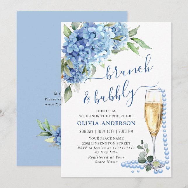 Invitation Blue Hydrangea Aquarelle Brunch floral et Bubbly (Devant / Derrière)