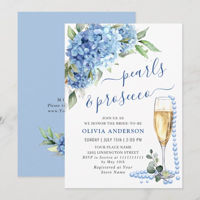 Invitation Blue Hydrangea Aquarelle Brunch floral et Bubbly (Devant / Derrière)