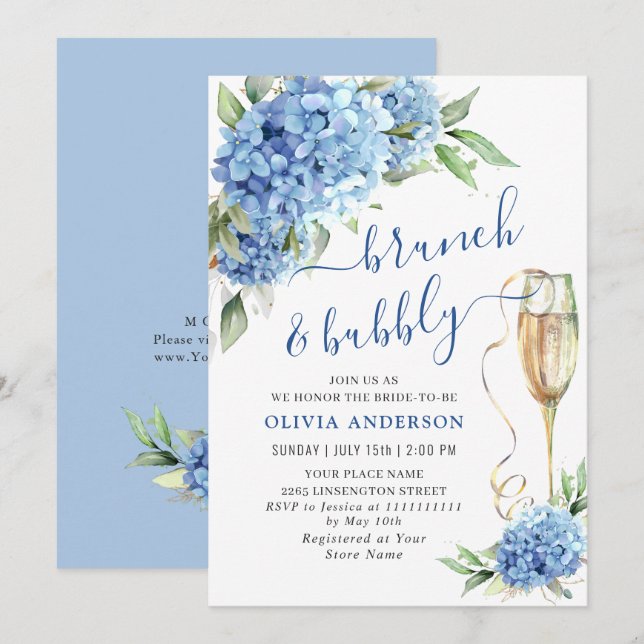 Invitation Blue Hydrangea Aquarelle Brunch floral et Bubbly (Devant / Derrière)