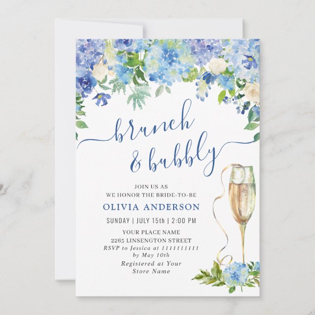 Invitation Blue Hydrangea Aquarelle Brunch floral et Bubbly (Devant)