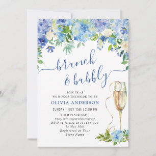 Invitation Blue Hydrangea Aquarelle Brunch floral et Bubbly