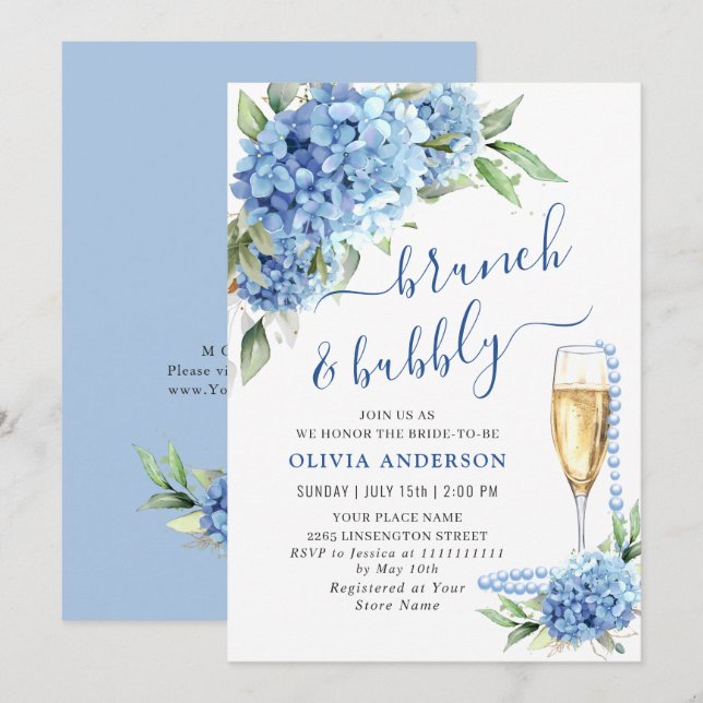 Invitation Blue Hydrangea Aquarelle Brunch floral et Bubbly (Devant / Derrière)