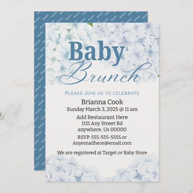 Invitation Blue Hydrangea Baby shower / Bébé Brunch Invitatio (Devant / Derrière)
