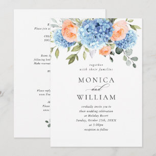 Invitation Blue Hydrangea Blush Rose Roses Mariage tout en un