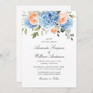 Invitation Blue Hydrangea Blush Rose Roses Mariage tout en un