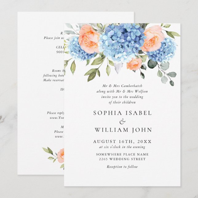 Invitation Blue Hydrangea Blush Rose Roses Mariage tout en un (Devant / Derrière)