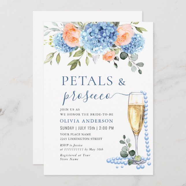 Invitation Blue Hydrangea Blush Roses Rose Perles & Prosecco (Devant / Derrière)