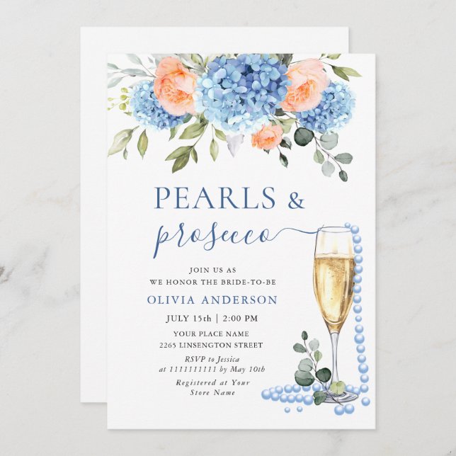 Invitation Blue Hydrangea Blush Roses rose PERLES & Prosecco (Devant / Derrière)
