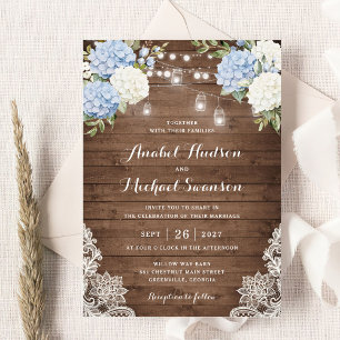 Invitation Blue Hydrangea Bois dentelle String Mariage clair