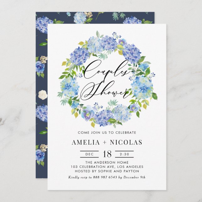 Invitation Blue Hydrangea Fleurs Wreath Couples Douche (Devant / Derrière)