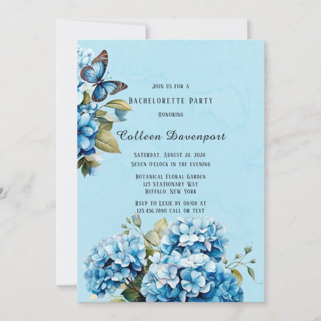 Invitation Blue Hydrangea Floral Butterfly Bachelorette Party (Devant)