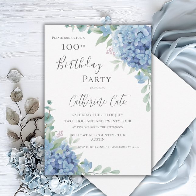 Invitation Blue Hydrangea Floral Elegant 100th Birthday (Créateur téléchargé)