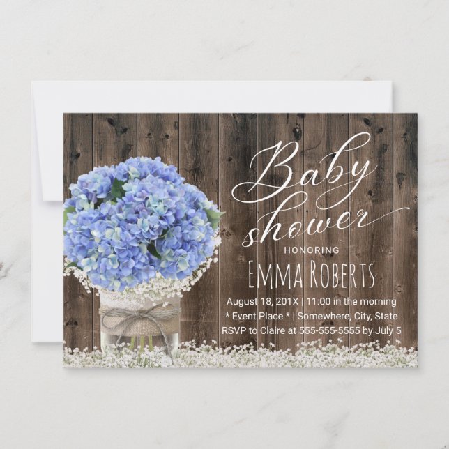 Invitation Blue Hydrangea Floral Jar Grange Baby shower en bo (Devant)