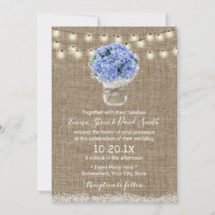 Invitation Blue Hydrangea Floral Jar Rustique Burlap Mariage