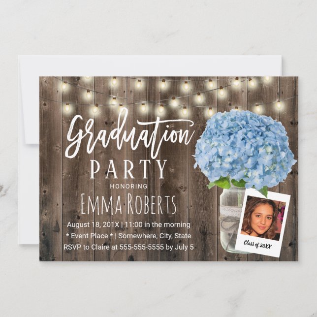 Invitation Blue Hydrangea Floral Rustic Wood Photo Graduation (Devant)
