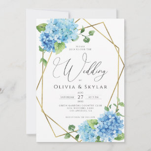 Invitation Blue Hydrangea Gold QR Code Tout en un Mariage