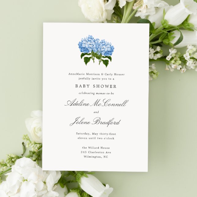 Invitation Blue Hydrangea Grandmillennial Double Baby shower (Double baby shower with blue hydrangea flowers and traditional fonts for grand millennial style)
