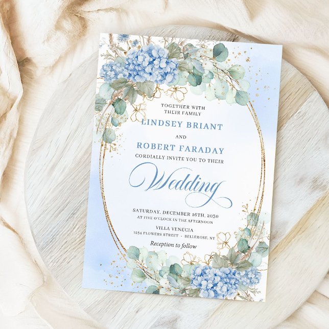 Invitation Blue Hydrangea Greenery Gold Oval Wedding Invite (Elegant Blue Hydrangea Gold Oval Wedding Invitation)