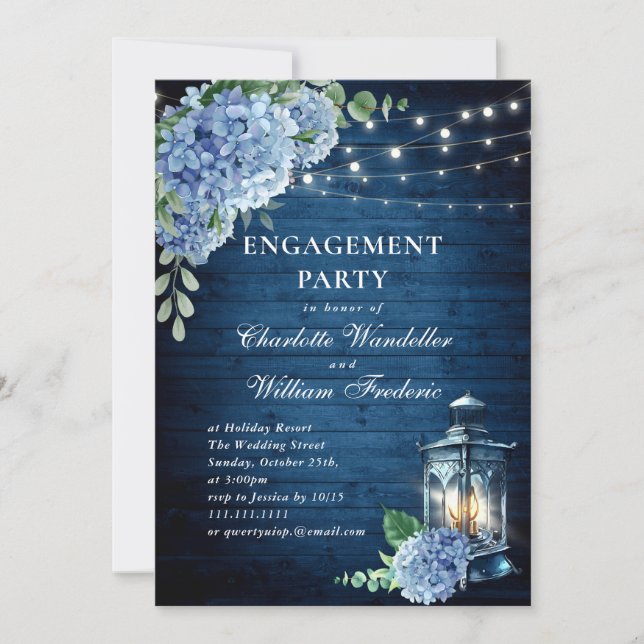 Invitation Blue Hydrangea Lantern Navy PARTI ENGAGEMENT EN Bo (Devant)