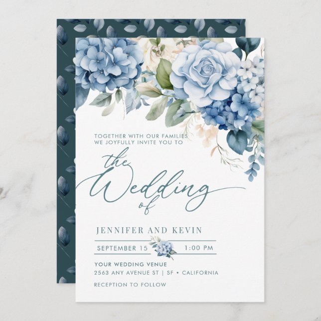 Invitation Blue Hydrangea Moderne Script Floral Mariage (Devant / Derrière)