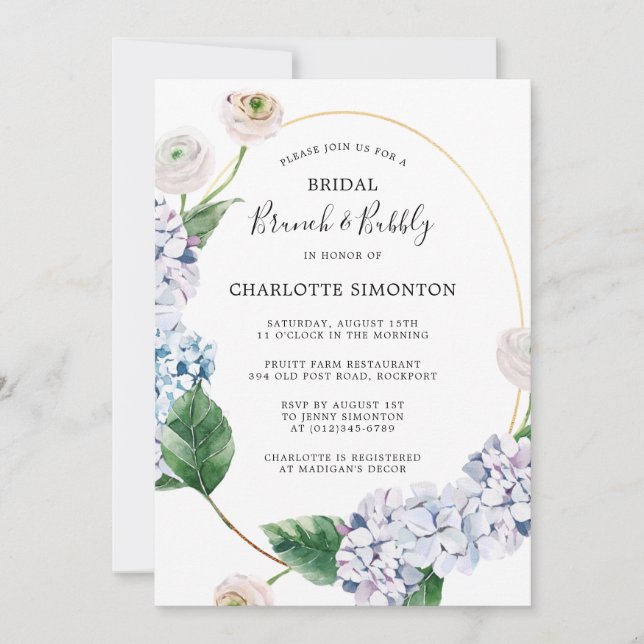 Invitation Blue Hydrangea Rose blanche Brunch Floral Bubbly (Devant)