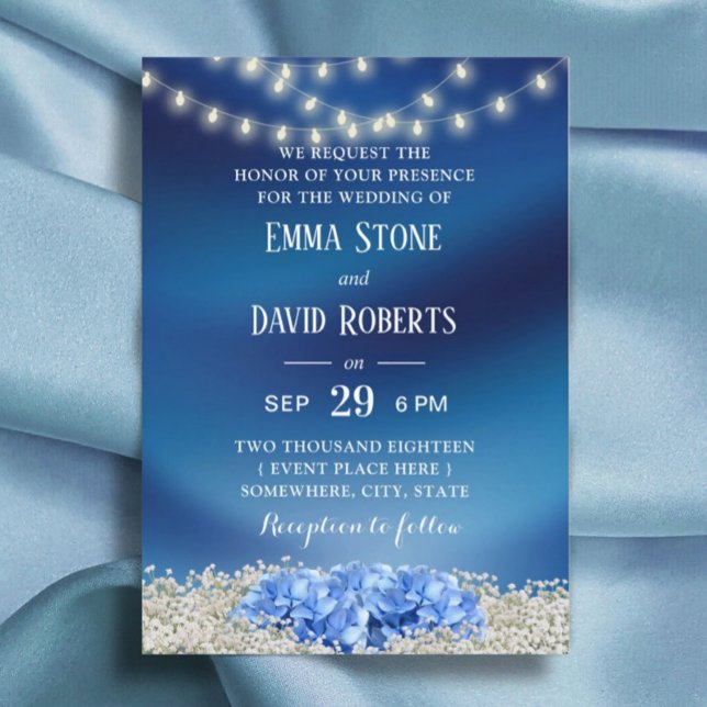 Invitation Blue Hydrangea & String Lights Navy Blue Mariage (Créateur téléchargé)
