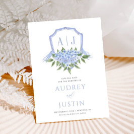 Invitation Blue Hydrangea Watercolor Crest Enregistrer la dat