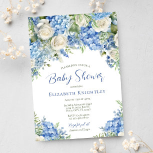 Invitation Blue Hydrangea White Roses Baby shower garçon