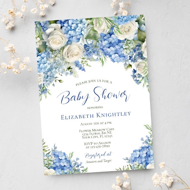 Invitation Blue Hydrangea White Roses Baby shower garçon (Créateur téléchargé)
