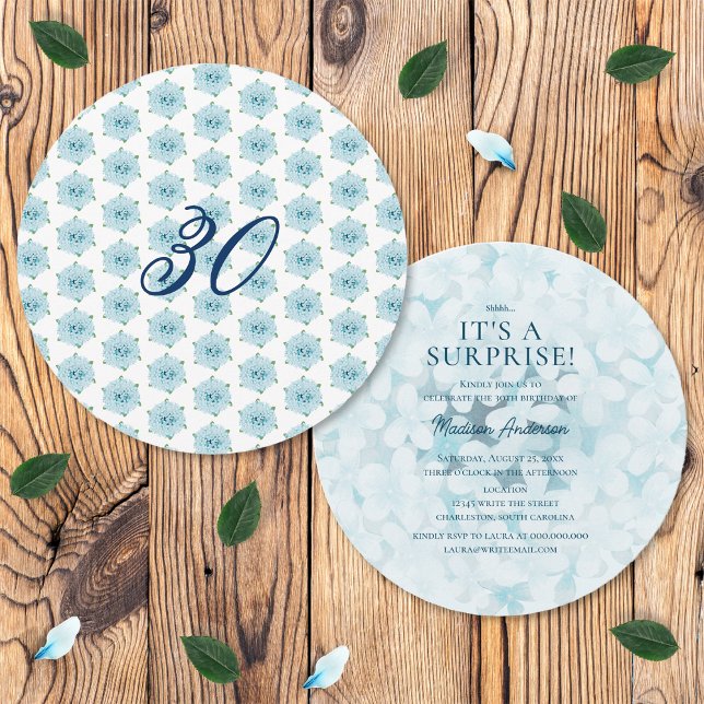 Invitation Blue Hydrangeas 30e fête d'anniversaire surprise (Front and Back)